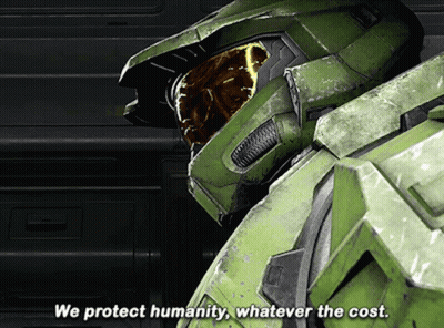 A Video Game Character With The Words We Protect Humanity Whatever The Cost GIF