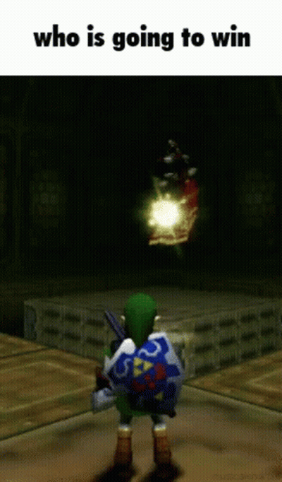 A Video Game Character With The Words Who Is Going To Win At The Top GIF