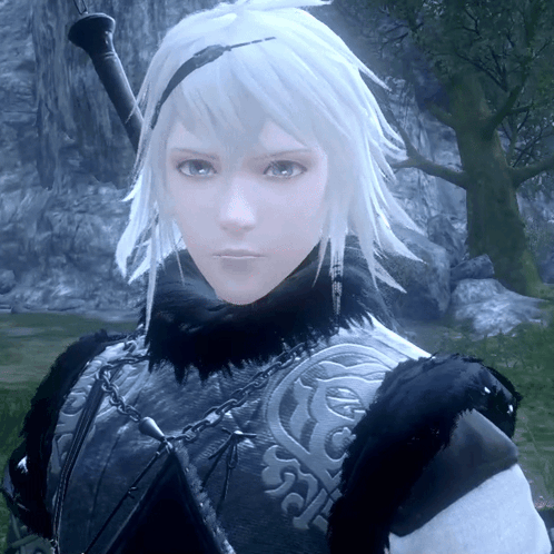 A Video Game Character With White Hair And A Black And White Outfit GIF
