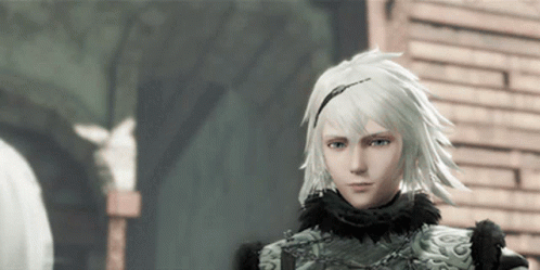 A Video Game Character With White Hair And Blue Eyes Looks At The Camera GIF