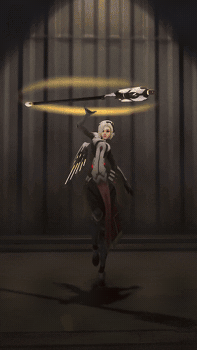 A Video Game Character With Wings And A Cane In A Dark Room GIF