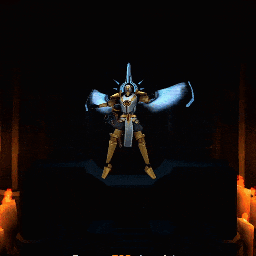 A Video Game Character With Wings Holding Swords In A Red Room GIF