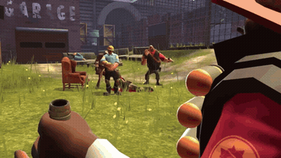 A Video Game Is Being Played In Front Of A Garage Building GIF