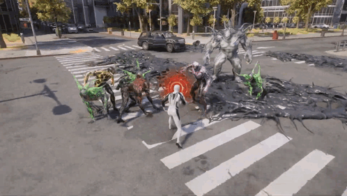 A Video Game Is Being Played On A City Street With A Spider-Man Surrounded By Monsters GIF