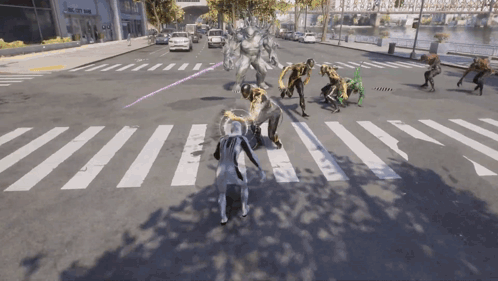 A Video Game Is Being Played On A Crosswalk With A Building That Says The City Bank In The Background GIF