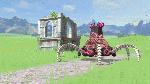 A Video Game Monster Is Standing In A Grassy Field In Front Of A Stone Archway GIF