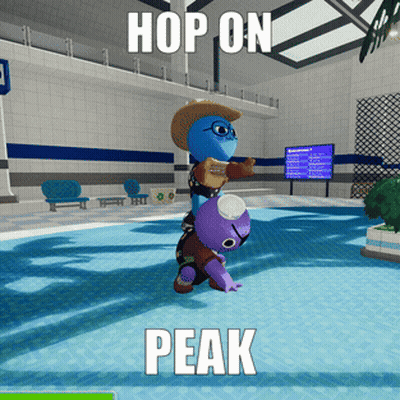A Video Game Says Hop On Peak And Has A Turtle On Top Of A Purple Stuffed Animal GIF