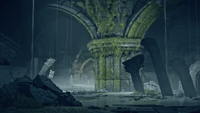 A Video Game Scene Of A Ruined Building With A Pillar Covered In Moss GIF