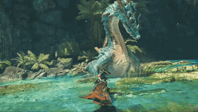 A Video Game Scene With A Blue Dragon And A Person On A Boat GIF