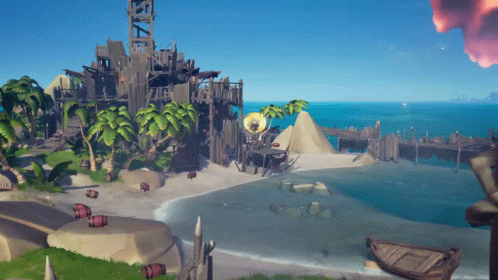 A Video Game Scene With A Boat In The Water And Barrels On The Ground GIF