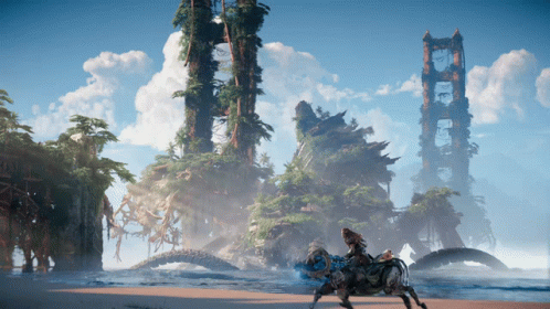 A Video Game Scene With A Bridge In The Distance GIF