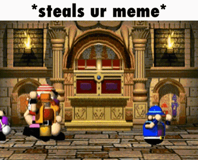 A Video Game Scene With A Caption That Says " Steals Ur Meme * " GIF