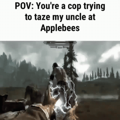 A Video Game Scene With A Caption That Says `` You 'Re A Cop Trying To Take My Uncle At Applebees '' . GIF