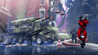 A Video Game Scene With A Green Truck That Says Damage Control On It GIF