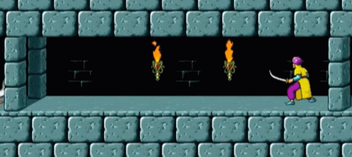 A Video Game Scene With A Man Holding A Sword And A Torch GIF