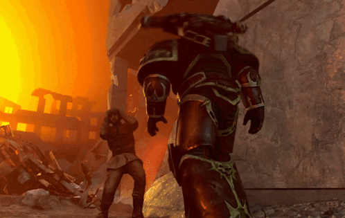 A Video Game Scene With A Man Standing In Front Of A Giant Robot With The Letter B On It GIF