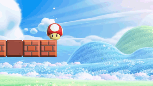 A Video Game Scene With A Mushroom On Top Of A Brick Block GIF
