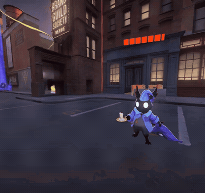 A Video Game Scene With A Sign That Says Grand Guild Society Revue GIF