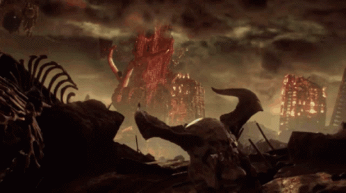 A Video Game Scene With A Skull And Horns GIF