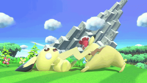 A Video Game Scene With A Yellow Pikachu Laying On The Ground GIF