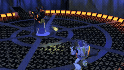 A Video Game Scene With Buzz Lightyear Standing In Front Of A Robot GIF