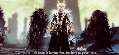 A Video Game Scene With Miraak Saying " This Realm Is Beyond You " GIF