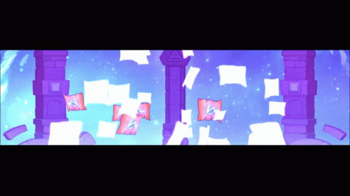 A Video Game Scene With Purple Pillars And Papers Falling GIF