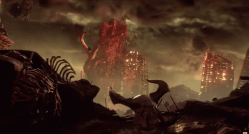 A Video Game Scene With Skeletons And A Giant Monster In The Background GIF