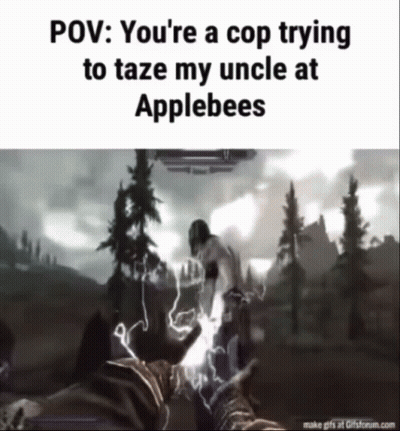 A Video Game Scene With The Caption " You 'Re A Cop Trying To Taze My Uncle At Applebee 'S " GIF