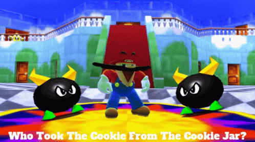 A Video Game Scene With The Question Who Took The Cookie From The Cookie Jar Written On The Bottom GIF