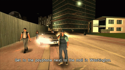 A Video Game Scene With The Words Get To The Payphone Next To The Mall In Washington On The Bottom GIF