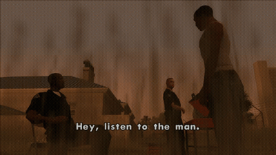 A Video Game Scene With The Words Hey Listen To The Man On The Bottom GIF