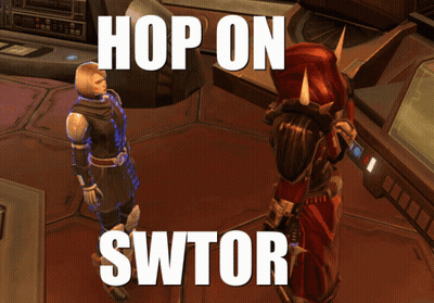 A Video Game Scene With The Words Hop On Swtor GIF