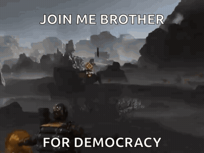 A Video Game Scene With The Words Join Me Brother For Democracy At The Bottom GIF