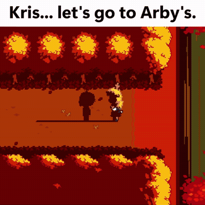 A Video Game Scene With The Words Kris Let 'S Go To Arby 'S On Top GIF