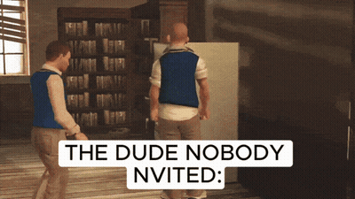 A Video Game Scene With The Words " The Dude Nobody Invited " On The Bottom GIF