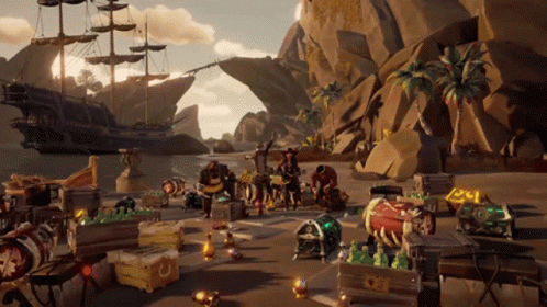 A Video Game Scene With Treasure Chests And A Ship GIF