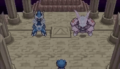 A Video Game Scene With Two Pokemon Standing Next To Each Other In A Room . GIF