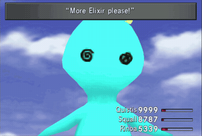 A Video Game Screen Says " More Elixir Please " And Shows A Blue Monster GIF