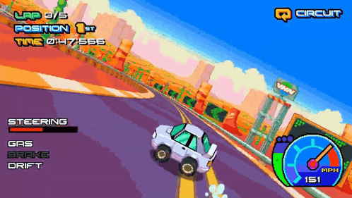 A Video Game Screen Shows A Car Driving Down A Road And Says Lap 3/5 Position 1St GIF
