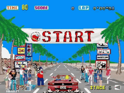 A Video Game Screen Shows A Car Driving Down A Street With A Banner That Says Start GIF