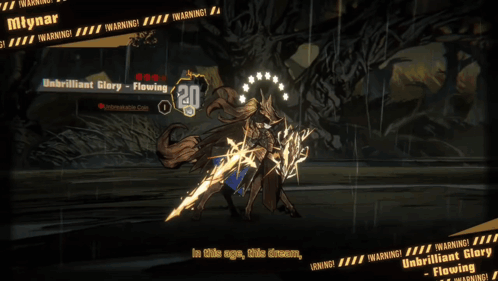 A Video Game Screen Shows A Character Named Mlynar And Says Warning Unbrilliant Glory Flowing GIF