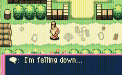 A Video Game Screen Shows A Character Saying I 'M Falling Down .. GIF