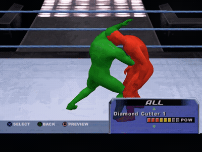 A Video Game Screen Shows A Green Wrestler And A Red Wrestler Fighting GIF