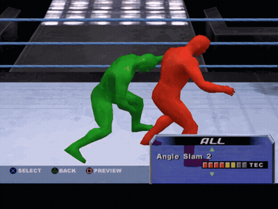 A Video Game Screen Shows A Green Wrestler And A Red Wrestler In A Ring GIF