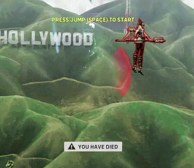 A Video Game Screen Shows A Hollywood Sign And A Warning That The Player Has Died GIF