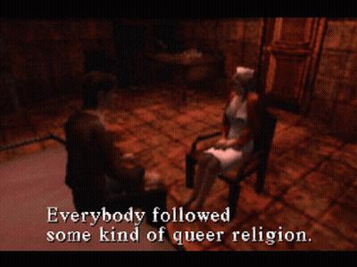 A Video Game Screen Shows A Man And A Woman Talking About Weird Occult Stuff And Black Magic GIF