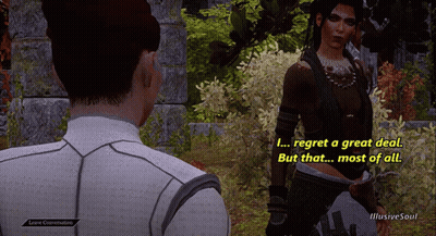 A Video Game Screen Shows A Man And A Woman Talking And The Woman Says " I Regret A Great Deal " GIF