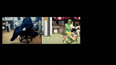A Video Game Screen Shows A Man Doing A Handstand And A Chicken In A Cage GIF
