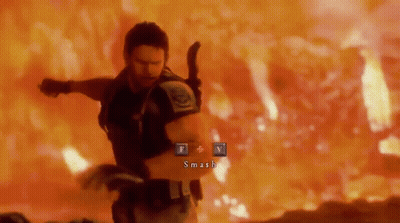 A Video Game Screen Shows A Man Holding A Gun And A Button That Says Smash GIF